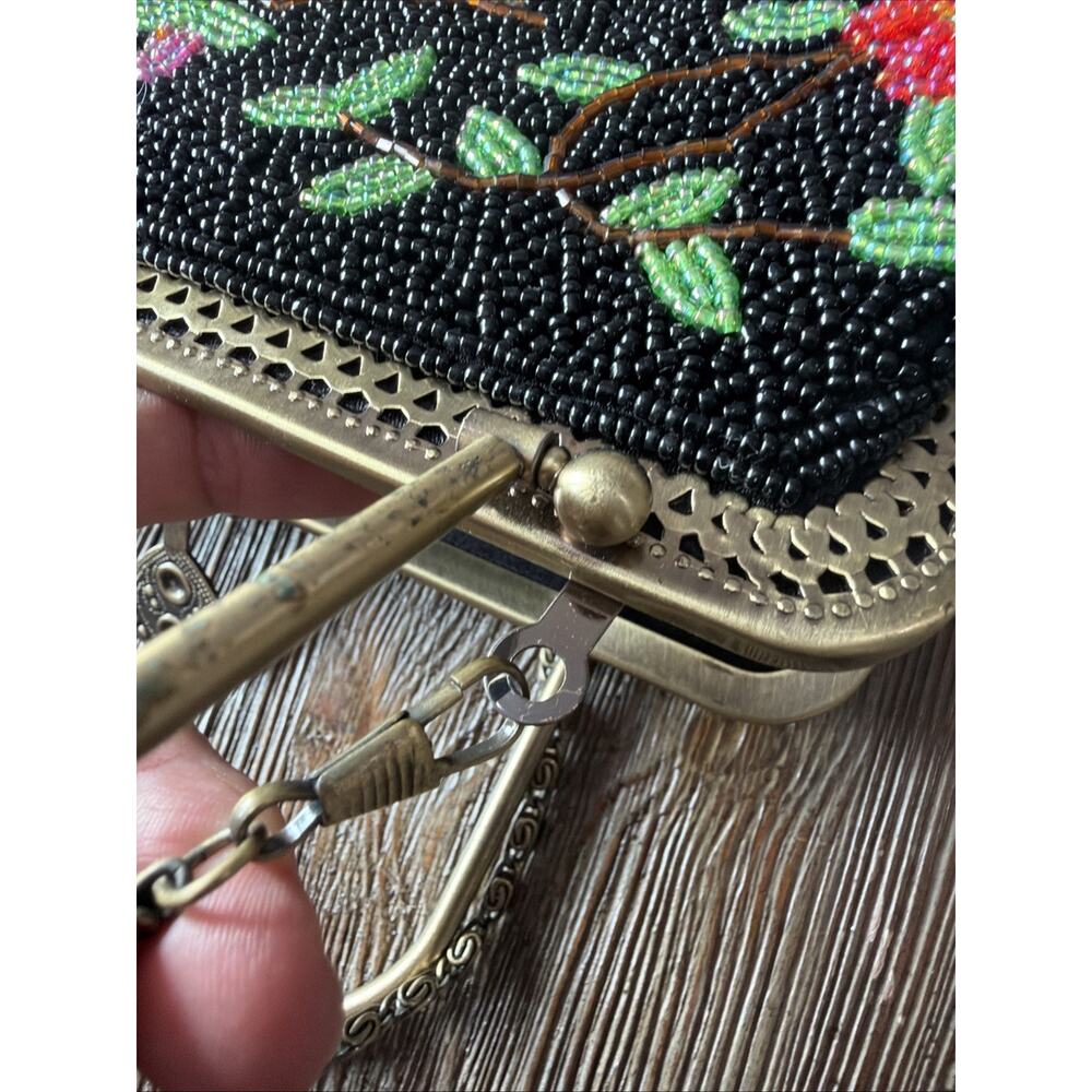 Vintage Hand Beaded Purse Black Colorful Roses Bag 1950 1960 flapper party - Picture 12 of 16